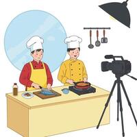 Two Chefs Cooking Fish on a Cooking Show vector