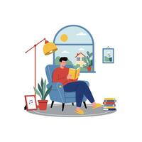 Man Relaxing in Armchair Reading Book Near Window vector