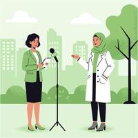 Journalist Interviewing Expert Outdoors in Park Setting vector