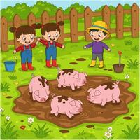 Kids Playing with Pigs in Muddy Farm Puddle vector