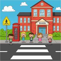 Happy Kids Crossing at School Crosswalk Cartoon Illustration vector