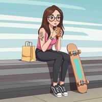Girl with Skateboard and Drink Enjoying a Break vector