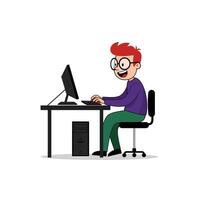 Happy Boy Working on Computer Desk Illustration vector
