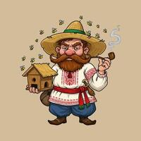 Cartoon Beekeeper with Hive and Bees Smoking Pipe vector