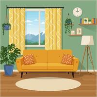 Cozy Living Room with Yellow Sofa and Mountain View vector