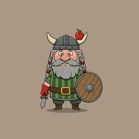Cute Viking Cartoon Character with Shield and Sword vector