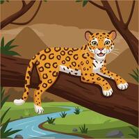 Happy Jaguar Resting on Tree Branch in Jungle vector