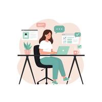 Woman Working on Laptop at Desk Efficiently Completing Tasks vector