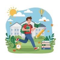 Student Running to College Campus with Books vector