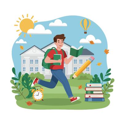 Student Running to College Campus with Books