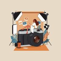 Stylish Woman Posing on Vintage Camera in Photo Studio vector