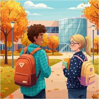 Students Chatting on Autumn College Campus vector