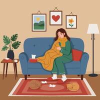 Sick Woman Resting on Couch Feeling Unwell vector