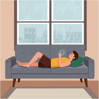Rainy Day Relaxation Man Relaxing on Sofa Using Phone vector