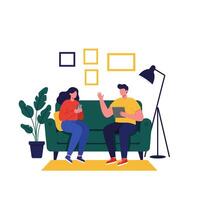 Couple Relaxing on Sofa Using Phones and Tablet vector