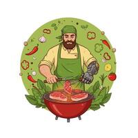 Bearded Man Grilling Steaks with Robotic Arm vector