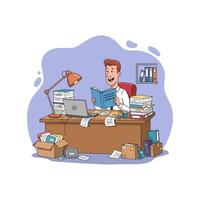 Busy Office Worker Reading Guide Amidst Paperwork vector