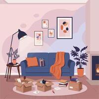 Cozy Living Room Setup with Moving Boxes and Cat vector