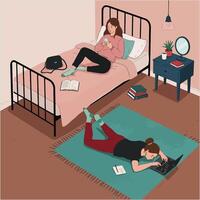 Two Women Relaxing at Home Using Laptop and Phone vector