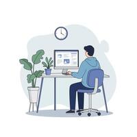 Man Working at Home Office Desk Computer vector