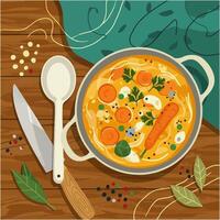 Delicious Vegetable Soup Recipe in Pot with Spices vector