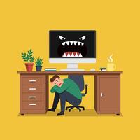 Scared Man Hiding From Angry Computer Monster vector