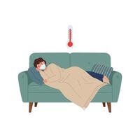 Sick Person Resting on Couch Feeling Ill with Fever vector