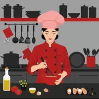 Chef Whisking Eggs in Red Bowl Kitchen Scene vector