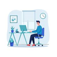 Happy Man Working From Home Office Desk Setup vector