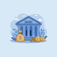 Bank Building Illustration with Money Bag and Coins vector
