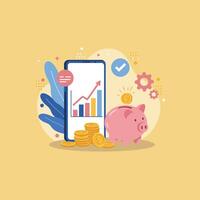 Track Savings Growth with Mobile App and Piggy Bank vector
