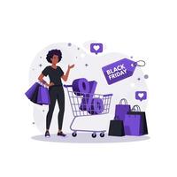 Black Friday Shopping Woman with Cart and Bags vector