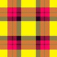 Vibrant yellow, pink black plaid pattern. Bold graphic design perfect for fashion, textile, or web backgrounds. Highresolution seamless texture ideal for print or digital projects. vector