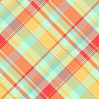 Vibrant diagonal plaid pattern in pastel and coral tones. Perfect for textile design, websites, or fashion projects. Seamless repeat for endless applications. Adds a cheerful, summery feel. vector