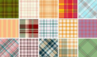 Vibrant collection of 16 diverse plaid patterns. Perfect for textile design, fashion, website backgrounds, or crafting projects. vector