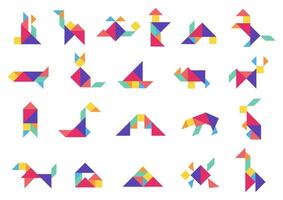 Tangram puzzle. Geometric dissection game with colorful triangle shapes, abstract logic mosaic geometry figures for kids. tangram isolated set vector