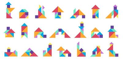 Tangram buildings. Geometric kids puzzle game with colored triangle square and rhombus shapes, creative geometry construction of various elements. tangram set vector