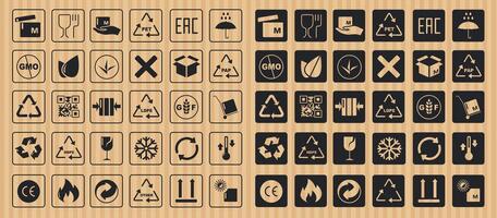 Packaging safety symbols. Delivery cargo transport stickers with fragile, handle with care, do not stack, keep dry, up arrows shipping icons. isolated set vector