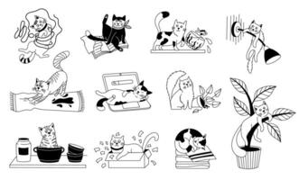 Funny cat character. Cute fluffy kittens in different cat poses, cheerful domestic pet sketch with positive emotions, outline doodle feline mascot. isolated kitten set vector