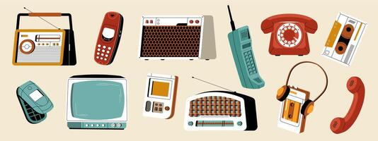 Retro gadgets. Vintage 90s hipster technology stickers, cartoon old analog gadget collection, electronics devices and game machines. colorful gadgets set vector