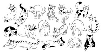 Cute doodle cats. Funny kitten animal characters with different cat poses and emotions, hand drawn childish outline cat animals. kittens isolated set vector
