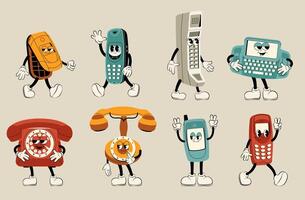 Retro phone characters. Cartoon vintage telephone devices with faces, old dial up phones and retro wireless gadgets with funny expressions. isolated set vector