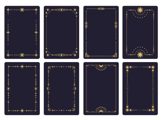 Tarot card frame. Geometric ornamental linear border with mystic astrological luxury elements, mystic esoteric design, astrology celestial luxury concept. framing set