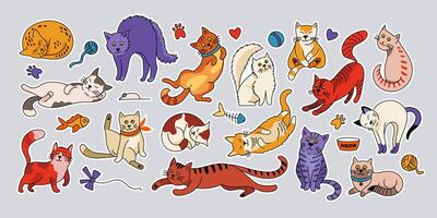 Doodle cat stickers. Cute cartoon kittens with funny emotions, happy comic pets with different faces and cat poses. colorful kitten set vector