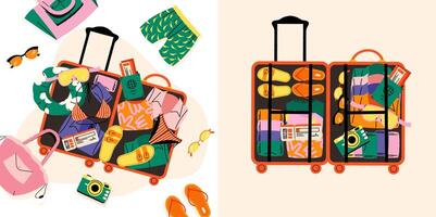 Suitcase with clothes. Cartoon open travel bag with packed things, travel luggage with organized clothes and accessories for road trip. flat suitcase illustration vector