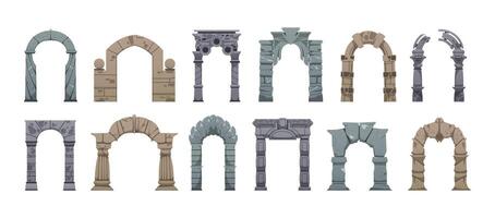 Castle stone arch. Ancient roman gate architecture arcade with columns, medieval castle brick stone archway entrance cartoon style. isolated illustration vector
