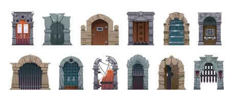 Castle door. Cartoon medieval wooden stone and iron gates for fantasy constructor game, ancient stone brick building castle entrance with lock and handle. set vector