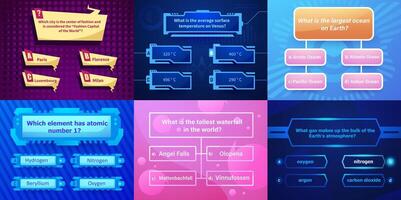 Quiz interface. Trivia question UI layout quizzing answer screen for game, quizzes test and exam, multiple choice interface design. modern quizzes layout frame set vector