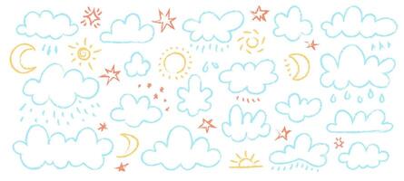Pastel crayon clouds. Cute happy childish chalk clouds, naive Sun Moon sky weather chalky elements, doodle hand drawn sketch elements for kids design. isolated set vector