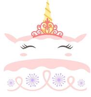 Illustrating a cute unicorn face adorned with a princess crown and cake layers decorated with ribbons and flowers, featuring closed eyes and a golden horn in pink and white vector